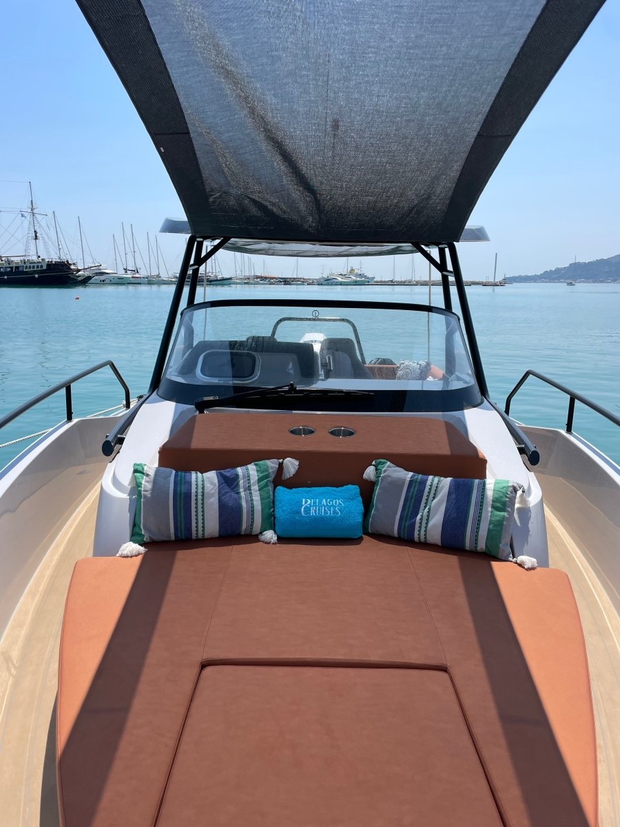 Ryck 280 "Adriana" - Pelagos Cruises - zakynthos yacht rental - private boat tours - yacht zakynthos - sunlounge front