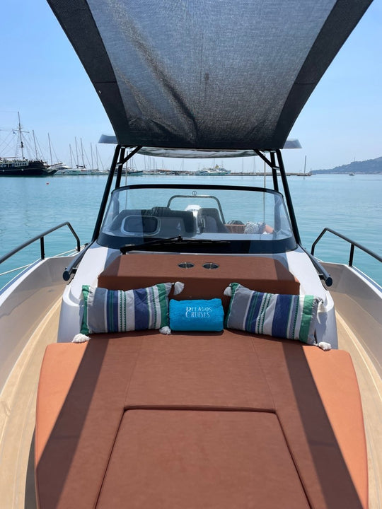 Ryck 280 "Adriana" - Pelagos Cruises - zakynthos yacht rental - private boat tours - yacht zakynthos - sunlounge front