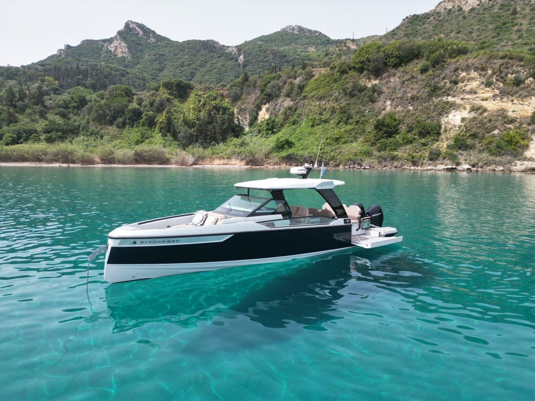 SAXDOR 320GTO "Barbara" - Pelagos Cruises - zakynthos yacht rental - private boat tours - yacht zakynthos - front side right